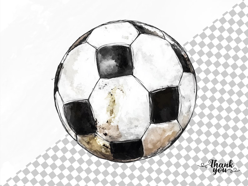 May include: A black and white soccer ball with a watercolor effect. The ball has a worn, textured surface.