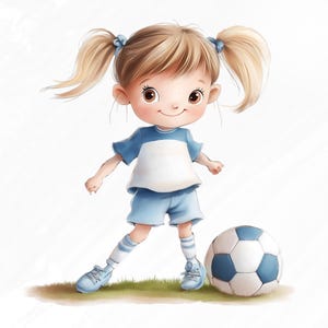 May include: A young girl with blonde pigtails wearing a blue and white soccer uniform and blue shoes kicks a white and blue soccer ball.