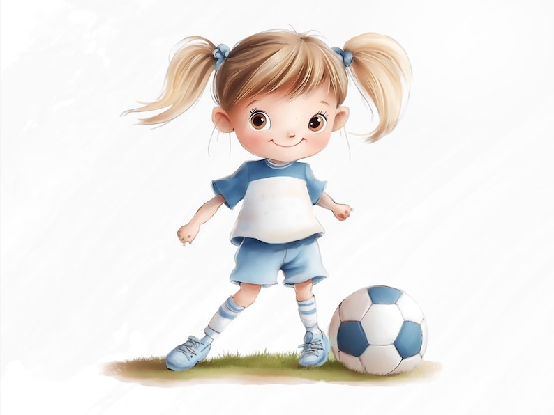 May include: A young girl with blonde pigtails wearing a blue and white soccer uniform and blue shoes kicks a white and blue soccer ball.