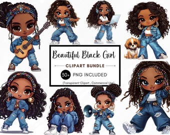 34 schwarzes Mädchen Clipart Bundle, schwarzes Chibi Mädchen PNG, Afro Mädchen Clipart, Denim Mädchen Clipart, schönes Mädchen Clipart, afroamerikanisches Mädchen