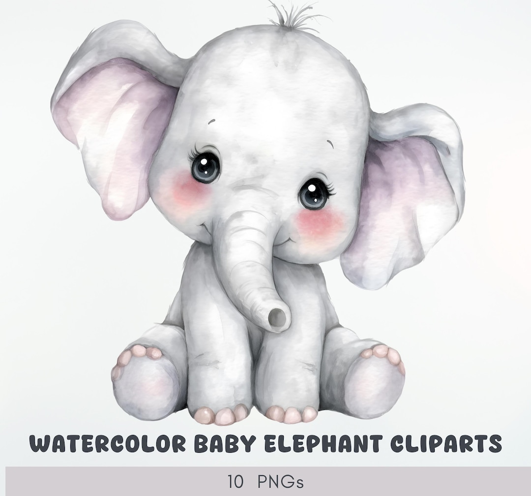 Watercolor Baby Elephant Clipart, Cute Baby Elephant PNG Bundle, Safari ...