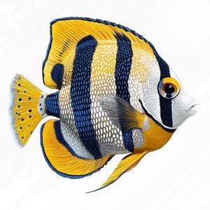 May include: A yellow, blue, and white angelfish with black stripes. The fish has a large, round eye and a small mouth.