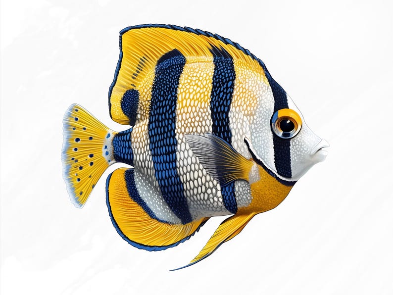 May include: A yellow, blue, and white angelfish with black stripes. The fish has a large, round eye and a small mouth.