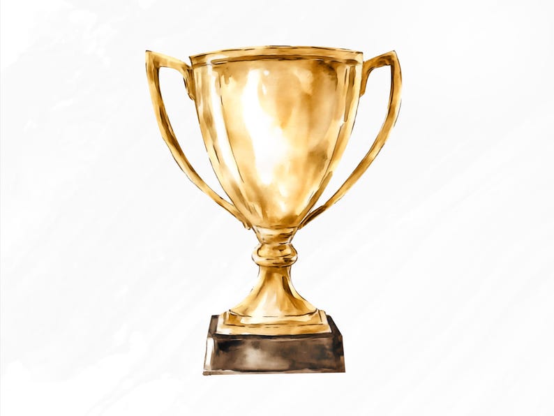 May include: A gold trophy with a classic design. The trophy has two handles and a round base.