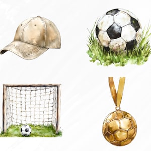 May include: A watercolor illustration of a set of soccer-themed items, including a soccer ball, a goal, a cap, and a gold medal. The soccer ball is on a patch of green grass, the goal is on a patch of green grass, the cap is beige, and the medal is gold with a soccer ball design.