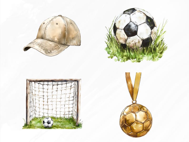 May include: A watercolor illustration of a set of soccer-themed items, including a soccer ball, a goal, a cap, and a gold medal. The soccer ball is on a patch of green grass, the goal is on a patch of green grass, the cap is beige, and the medal is gold with a soccer ball design.