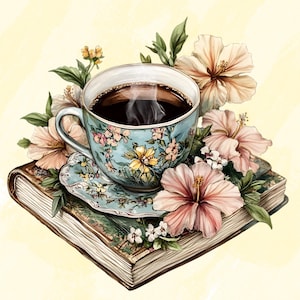 Paquete de imágenes prediseñadas de café y libros, 30 ilustraciones florales vintage de libros y tazas de café, imágenes prediseñadas de amantes de los libros en acuarela, imágenes prediseñadas de 300 ppp