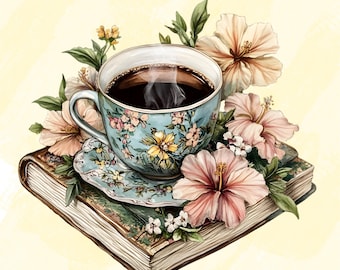Coffee and Books Clipart Bundle, 30 Floral Vintage Coffee Mug and Book Illustrations, Watercolor Book Lovers Clipart, 300dpi clipart