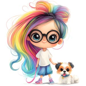 May include: A cartoon illustration of a girl with rainbow hair wearing glasses, a white shirt, blue shorts, and pink shoes. She is holding a pink leash attached to a small, fluffy dog with brown, black, and white fur.