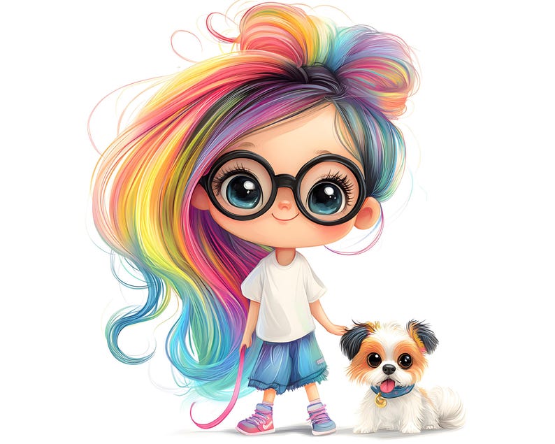 May include: A cartoon illustration of a girl with rainbow hair wearing glasses, a white shirt, blue shorts, and pink shoes. She is holding a pink leash attached to a small, fluffy dog with brown, black, and white fur.