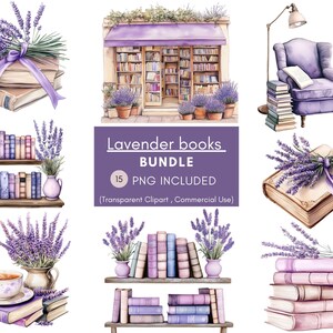 Paquete de 15 imágenes prediseñadas de libros de lavanda: gráficos digitales de alta resolución para álbumes de recortes, invitaciones, calcomanías y sublimación