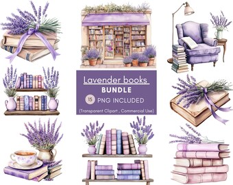 15 Lavender Books Clipart Bundle - High-Resolution Digital Graphics for Scrapbooking, Invitations, Stickers, and Sublimation