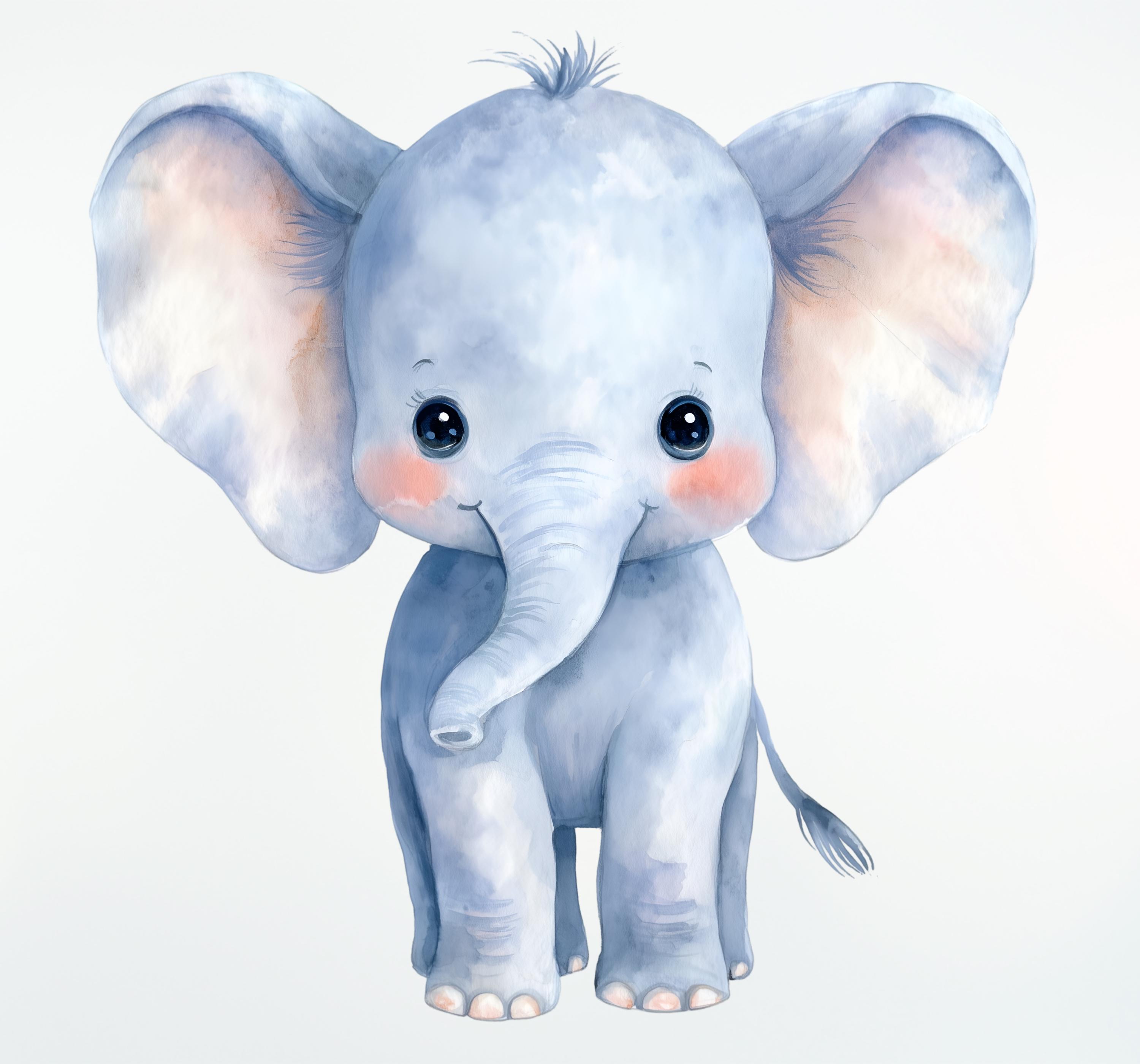 Watercolor Baby Elephant Clipart, Cute Baby Elephant PNG Bundle, Safari ...