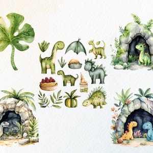 Op de afbeelding: Waterverfillustraties van verschillende dinosaurussen, waaronder een Brontosaurus, een Stegosaurus en andere soorten. De afbeelding bevat ook dinosaurusgrotten, bladeren en een groot groen blad.