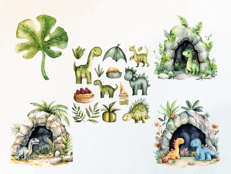 Op de afbeelding: Waterverfillustraties van verschillende dinosaurussen, waaronder een Brontosaurus, een Stegosaurus en andere soorten. De afbeelding bevat ook dinosaurusgrotten, bladeren en een groot groen blad.
