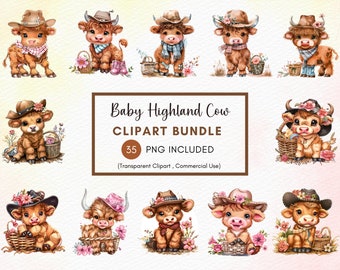 May include: A digital clipart bundle of 35 images featuring adorable baby Highland cows wearing cowboy hats and floral headbands. The cows are holding baskets of flowers and are surrounded by flowers and greenery. The text "Baby Highland Cow Clipart Bundle 35 PNG Included (Transparent Clipart, Commercial Use)" is displayed on a white background.