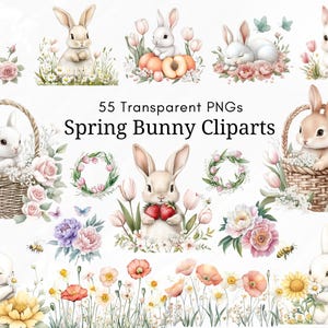 Spring Bunny Clipart PNG, 55 Watercolor Rabbit Illustrations, Floral Easter Bunny Graphics, Transparent Bunny PNGs for Invitations & Crafts