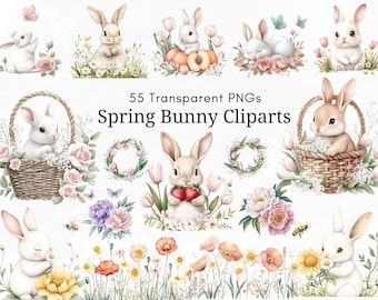 Spring Bunny Clipart PNG, 55 Watercolor Rabbit Illustrations, Floral Easter Bunny Graphics, Transparent Bunny PNGs for Invitations & Crafts