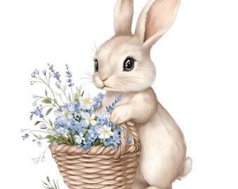 Cute Bunny Rabbit Clipart Bundle, 18 Watercolor Baby Bunnies PNG, Woodland Animal Easter Bunny Graphics, Nursery Wall Art, Instant Download