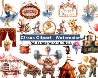 Circus Fantasy Clipart Bundle, 56 PNG Transparent, Ballerina Unicorn Circus Animals, Magical Carnival Clipart for Invitations