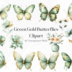 Pacote de clipart de borboletas verdes douradas, clipart de borboletas, 45 PNGs de borboletas e flores em aquarela, clipart transparente para convites