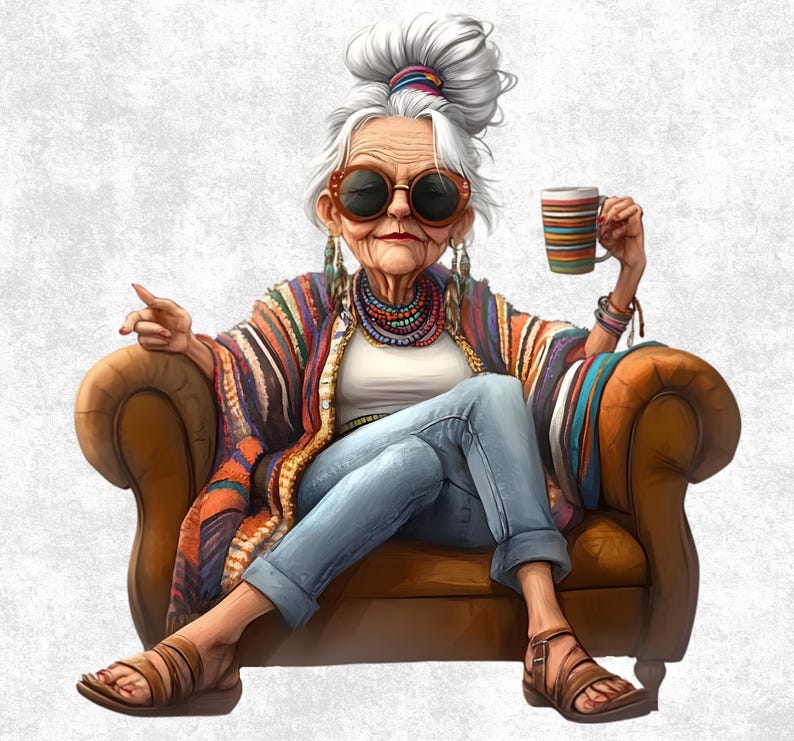 16 Senior Lady Drinking Coffee Clipart - Cozy Grandma PNG Bundle ...
