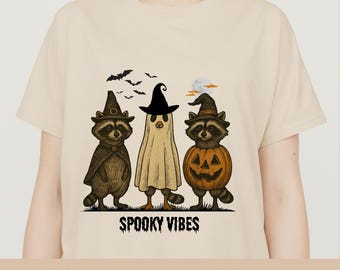 Boo Ghost Raccoon PNG | Spooky Vibes Halloween Sublimation Design | Cute Witch Pumpkin Raccoon Clipart | Fall Animal PNG for Shirts Mugs