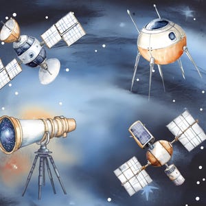 May include: A watercolor illustration of space exploration with a telescope, a spaceship, and two satellites. The illustration is set against a dark blue background with white stars.