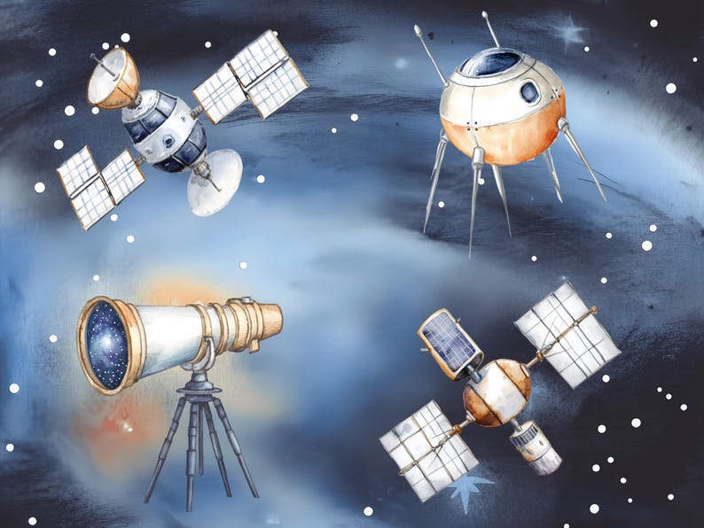 May include: A watercolor illustration of space exploration with a telescope, a spaceship, and two satellites. The illustration is set against a dark blue background with white stars.