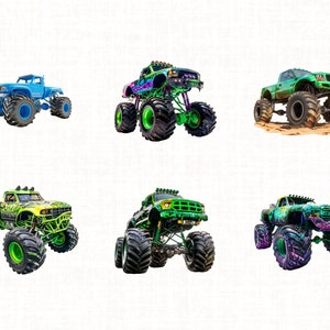 May include: Six monster trucks with large tires and different paint schemes. The trucks are green, blue, and black with various designs and graphics.