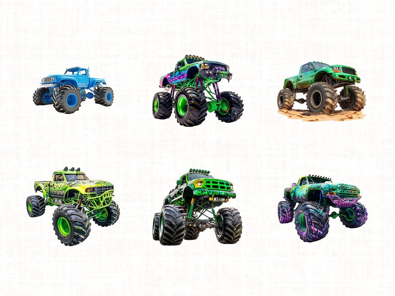 May include: Six monster trucks with large tires and different paint schemes. The trucks are green, blue, and black with various designs and graphics.