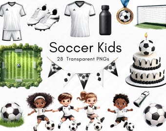 Raccolta di clipart di bambini che giocano a calcio, 28 file PNG, simpatici giocatori di calcio, torta di calcio, gol, striscione, decorazioni per feste di compleanno a tema calcio