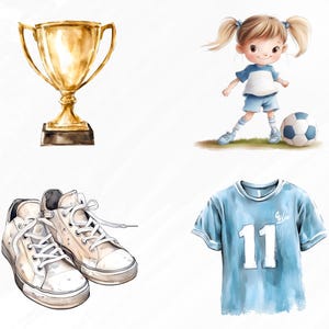 May include: A set of soccer-themed illustrations featuring a gold trophy, a girl in a blue and white soccer uniform holding a soccer ball, a pair of white sneakers, and a blue soccer jersey with the number 11.