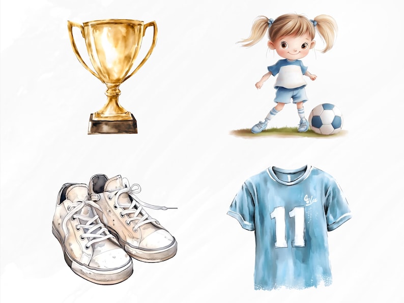 May include: A set of soccer-themed illustrations featuring a gold trophy, a girl in a blue and white soccer uniform holding a soccer ball, a pair of white sneakers, and a blue soccer jersey with the number 11.