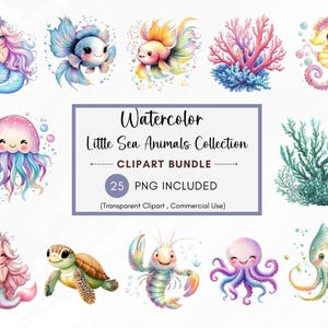 Colección de pequeños animales marinos, clipart de acuarela submarina, lindos animales del océano PNG, pulpo, medusa, sirena, caballito de mar