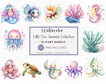 Collezione di piccoli animali marini Clipart, Clipart acquerello sottomarino, simpatici animali dell'oceano PNG, polpo, medusa, sirena, cavalluccio marino
