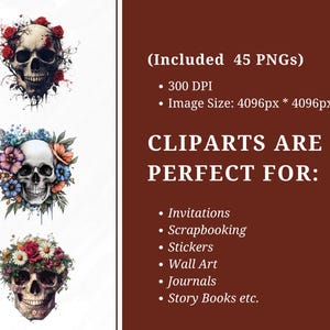 May include: Set of 45 digital clip art images featuring skull illustrations with floral arrangements. The skulls are surrounded by red, blue, and pink flowers. The images are 4096 pixels wide and 4096 pixels high, and are 300 DPI.