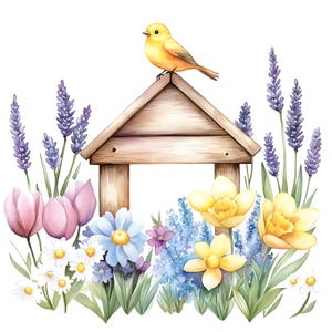 Puede incluir: Ilustración en acuarela de una casita para pájaros de madera con un pájaro amarillo posado encima. La casita está rodeada de una variedad de flores coloridas, incluyendo lavanda, tulipanes, margaritas y narcisos. La imagen tiene un ambiente primaveral.
