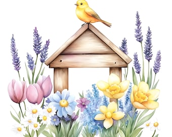 30 imágenes prediseñadas de jardín de primavera, paquete de casita para pájaros y flores silvestres en acuarela, ilustraciones florales de jardín, imágenes prediseñadas de pájaros y flores, descarga digital
