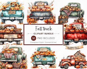 May include: A digital clipart bundle of 30 watercolor illustrations of vintage trucks decorated with pumpkins, sunflowers, and fall-themed signs. The trucks are painted in shades of blue, red, and green, and the signs say "Welcome Fall", "Happy Fall", and "Happy Happy Fall".