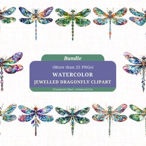 May include: A digital clipart bundle of over 25 watercolor dragonfly illustrations. The dragonflies are depicted with jewel-toned wings and intricate details. The illustrations are perfect for adding a touch of whimsy and nature to your designs.