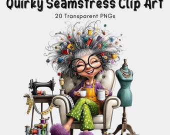 Quirky Seamstress Clipart, Funny Sewing Lady PNG, Sewing Room Clip Art, Sewing Machine Clipart, Grandma Seamstress Art, Craft Room PNG