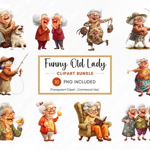 Funny Old Ladies Clipart, Modern Granny Clipart, Transparent Background PNGs, 300 dpi High Quality Digital Download, Commercial Use