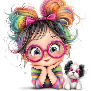 May include: A digital illustration of a cartoon girl with rainbow-colored hair styled in two buns, wearing pink glasses and a striped shirt. A small black and white dog with a pink bow sits beside her. The girl rests her chin on her hands.