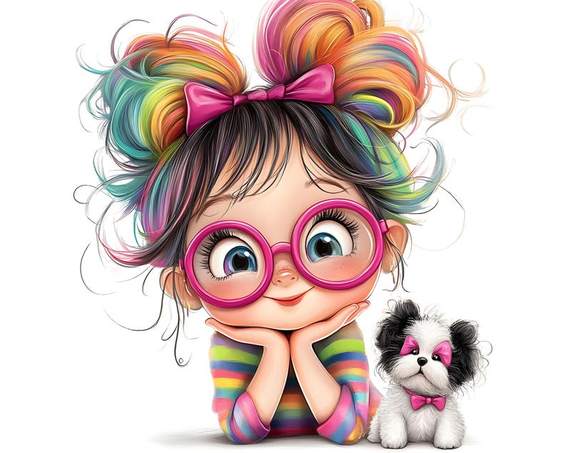 May include: A digital illustration of a cartoon girl with rainbow-colored hair styled in two buns, wearing pink glasses and a striped shirt. A small black and white dog with a pink bow sits beside her. The girl rests her chin on her hands.