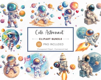 May include: A set of 50 watercolor illustrations of cute astronauts in various poses, including flying in a rocket, holding a flag, and floating in space. The illustrations are perfect for adding a whimsical touch to any project.