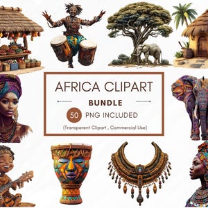 50 African Clipart Bundle PNG, Clipart donna africana, Elementi tribali, Gioielli etnici, Animali africani, Tamburi africani, Clipart arte afro
