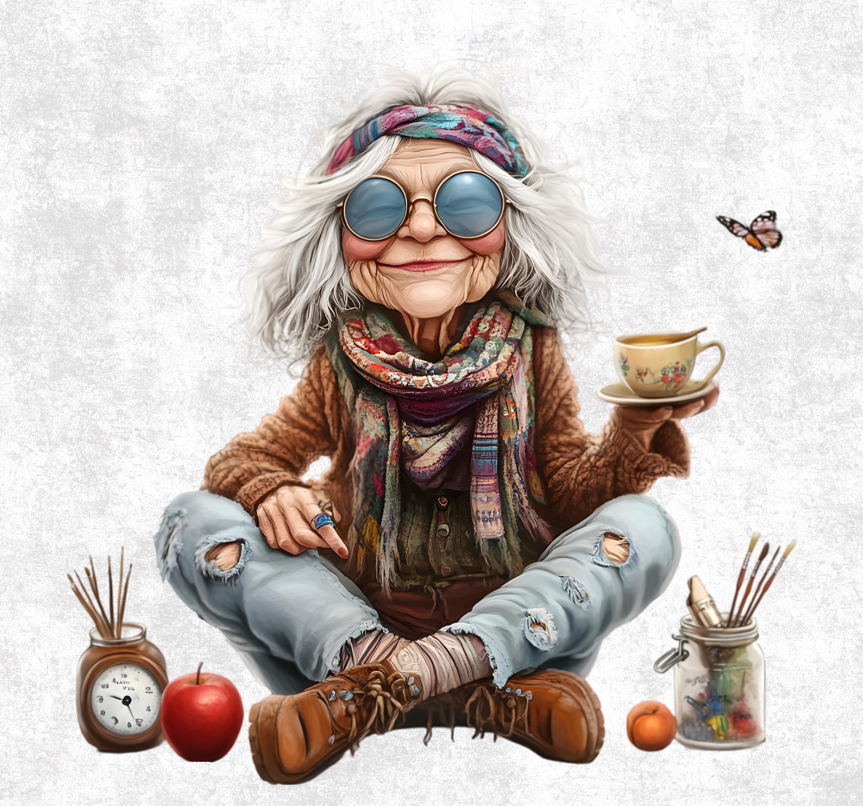 16 Senior Lady Drinking Coffee Clipart - Cozy Grandma PNG Bundle ...