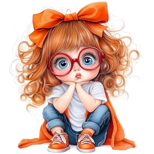 28 Quirky Cute Little Girl Clipart JPGs – Big Eye Girls, Glasses, Bows, Whimsical Cartoon Characters for Sublimation, Stickers