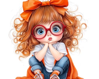 28 Quirky Cute Little Girl Clipart JPGs – Big Eye Girls, Glasses, Bows, Whimsical Cartoon Characters for Sublimation, Stickers